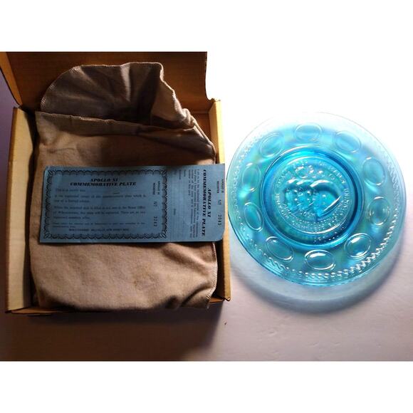 Vintage Carnival Glass blue Apollo 11 Space Astronaut Plate Wheaton Glass NASA - Picture 2 of 10